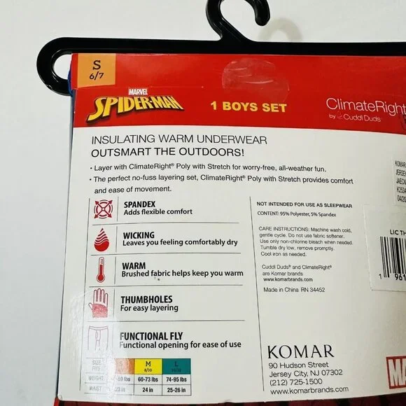 Boys Large 10 12 Warm Underwear/  PJs Spiderman  Long Sleeve Crew & Pant W/ Fly - Picture 8 of 11